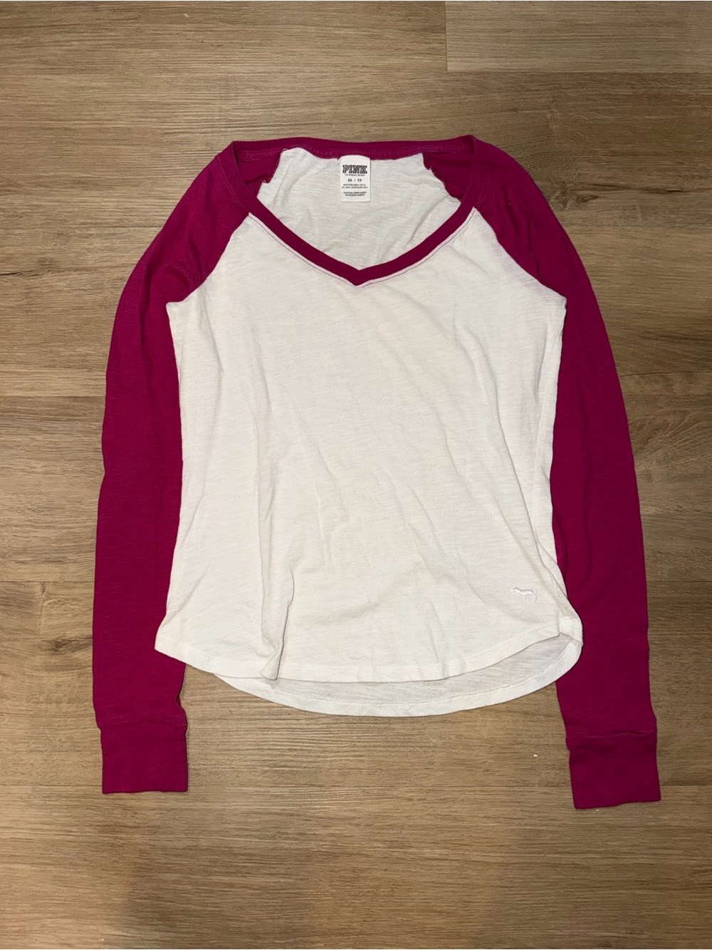 Victoria's Secret White and Fuchsia Long Sleeve V-Neck Raglan Top